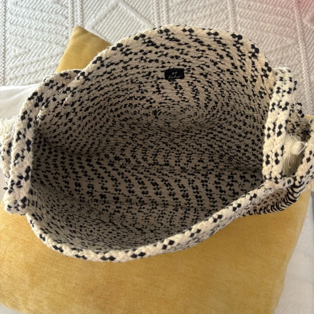 Echo Chic Black‎ and White Woven Tote beach Bag